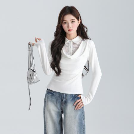 假两件蕾丝拼接翻polo荡领长袖T恤秋冬修身内搭上衣 服裝批發女裝批發服飾貨源