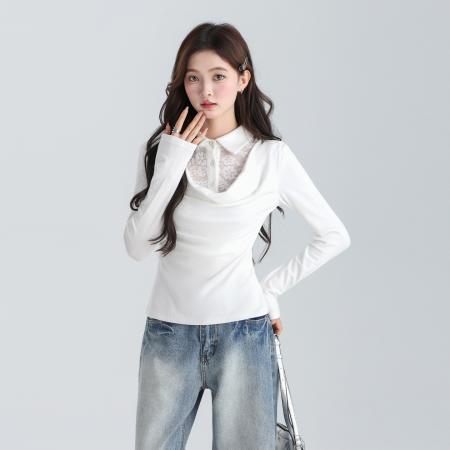 假两件蕾丝拼接翻polo荡领长袖T恤秋冬修身内搭上衣 服裝批發女裝批發服飾貨源