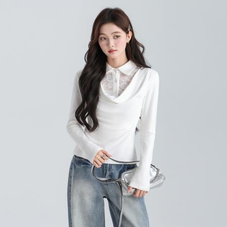 假两件蕾丝拼接翻polo荡领长袖T恤秋冬修身内搭上衣 服裝批發女裝批發服飾貨源