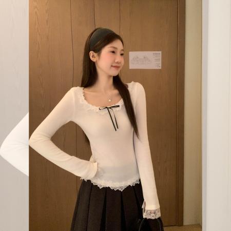 FA45719# 美式蕾丝低圆领长袖T恤女秋内搭打底衫辣妹修身显瘦上衣 服裝批發女裝批發服飾貨源