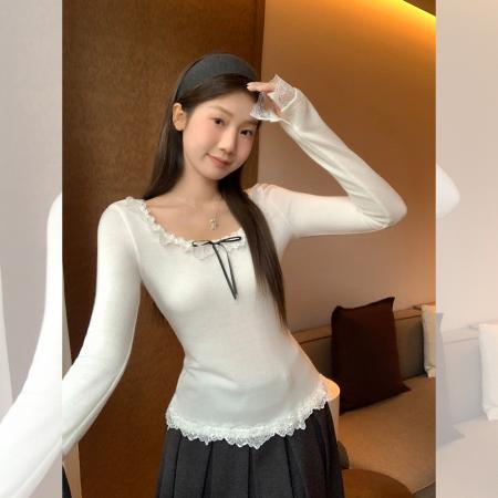FA45719# 美式蕾丝低圆领长袖T恤女秋内搭打底衫辣妹修身显瘦上衣 服裝批發女裝批發服飾貨源