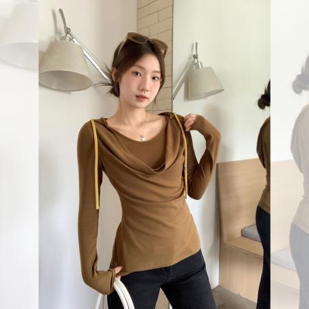 荡领叠穿连帽长袖T恤女秋季纯色收褶设计感修身显瘦上衣 服裝批發女裝批發服飾貨源