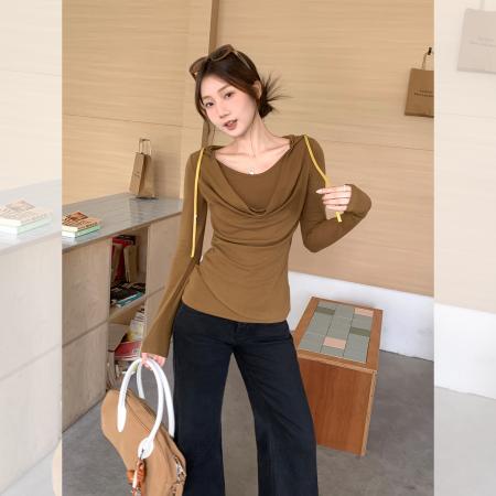 荡领叠穿连帽长袖T恤女秋季纯色收褶设计感修身显瘦上衣 服裝批發女裝批發服飾貨源