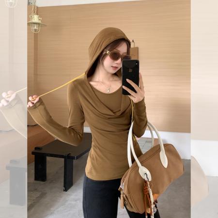 荡领叠穿连帽长袖T恤女秋季纯色收褶设计感修身显瘦上衣 服裝批發女裝批發服飾貨源