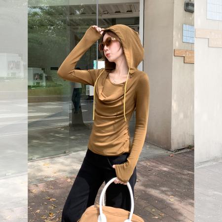 荡领叠穿连帽长袖T恤女秋季纯色收褶设计感修身显瘦上衣 服裝批發女裝批發服飾貨源