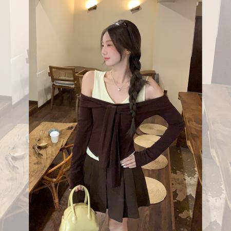 复古V领绑带披肩长袖T恤打底内搭秋修身百搭上衣女假两件 服裝批發女裝批發服飾貨源