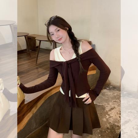 复古V领绑带披肩长袖T恤打底内搭秋修身百搭上衣女假两件 服裝批發女裝批發服飾貨源