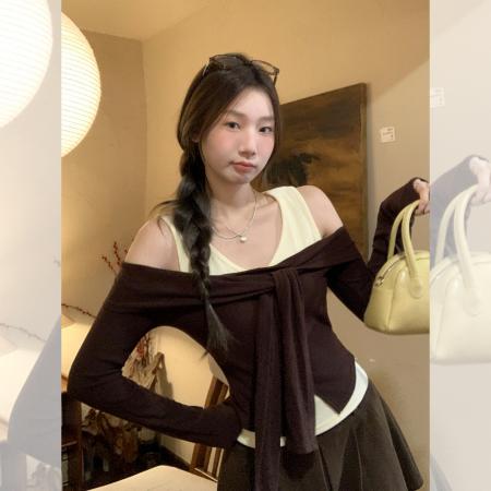 复古V领绑带披肩长袖T恤打底内搭秋修身百搭上衣女假两件 服裝批發女裝批發服飾貨源