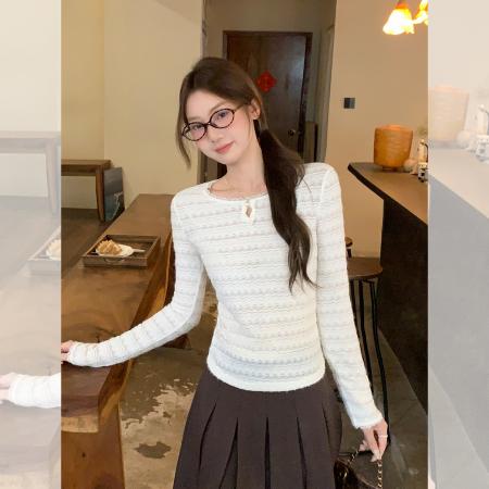 蕾丝镂空纯欲圆领长袖针织衫女秋修身显瘦打底衫上衣 服裝批發女裝批發服飾貨源