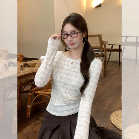 蕾丝镂空纯欲圆领长袖针织衫女秋修身显瘦打底衫上衣 服裝批發女裝批發服飾貨源