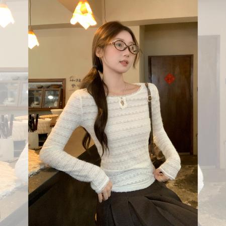 蕾丝镂空纯欲圆领长袖针织衫女秋修身显瘦打底衫上衣 服裝批發女裝批發服飾貨源