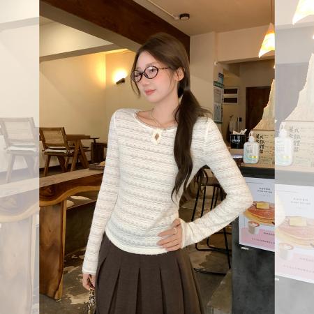 蕾丝镂空纯欲圆领长袖针织衫女秋修身显瘦打底衫上衣 服裝批發女裝批發服飾貨源