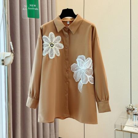 轻奢国风高级感Polo领衬衫女春秋季花朵宽松名媛气质衬衣 服裝批發女裝批發服飾貨源