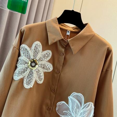 FA45724# 轻奢国风高级感Polo领衬衫女春秋季花朵宽松名媛气质衬衣 服裝批發女裝批發服飾貨源