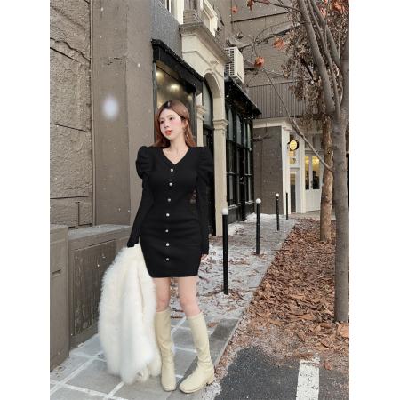 法式泡泡袖修身显瘦打底衫性感V领高级感针织连衣裙 服裝批發女裝批發服飾貨源