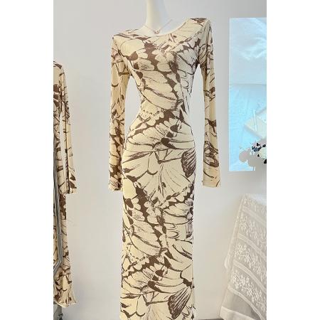 入秋巨好看小众法式长裙海边度假修身气质收腰喇叭袖印花连衣裙女 服裝批發女裝批發服飾貨源