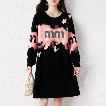 FA45729# 秋冬新款韩版时尚洋气胖mm印花重工烫钻显瘦遮肉连衣裙女 服裝批發女裝批發服飾貨源