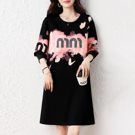 FA45729# 秋冬新款韩版时尚洋气胖mm印花重工烫钻显瘦遮肉连衣裙女 服裝批發女裝批發服飾貨源