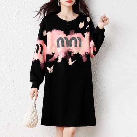 FA45729# 秋冬新款韩版时尚洋气胖mm印花重工烫钻显瘦遮肉连衣裙女 服裝批發女裝批發服飾貨源