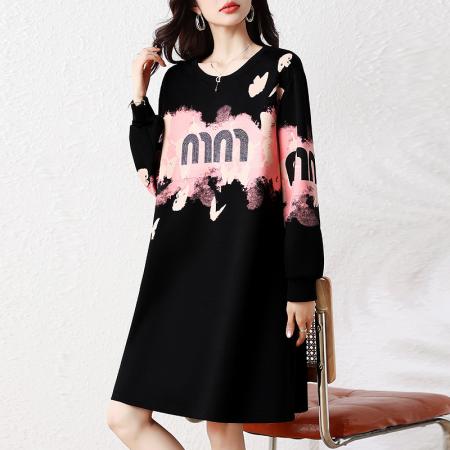 FA45729# 秋冬新款韩版时尚洋气胖mm印花重工烫钻显瘦遮肉连衣裙女 服裝批發女裝批發服飾貨源