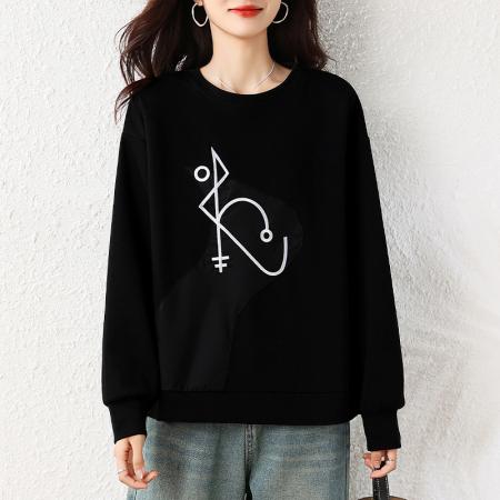 秋季新款宽松休闲大码简约百搭女装圆领绣花长袖卫衣上衣 服裝批發女裝批發服飾貨源