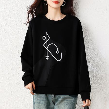 秋季新款宽松休闲大码简约百搭女装圆领绣花长袖卫衣上衣 服裝批發女裝批發服飾貨源