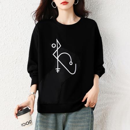 秋季新款宽松休闲大码简约百搭女装圆领绣花长袖卫衣上衣 服裝批發女裝批發服飾貨源