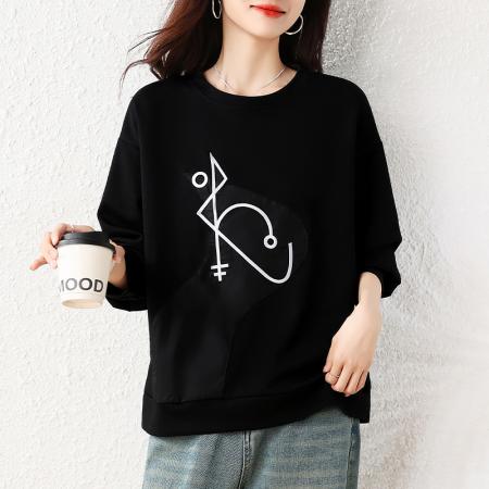 秋季新款宽松休闲大码简约百搭女装圆领绣花长袖卫衣上衣 服裝批發女裝批發服飾貨源