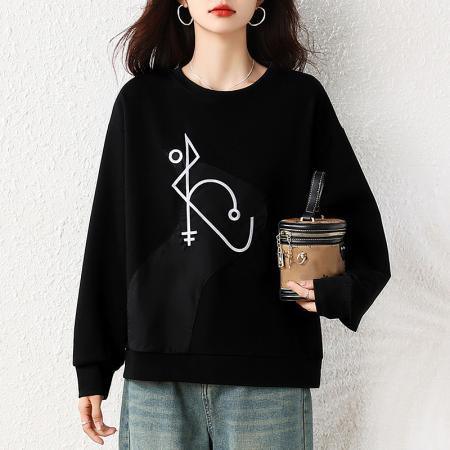 秋季新款宽松休闲大码简约百搭女装圆领绣花长袖卫衣上衣 服裝批發女裝批發服飾貨源