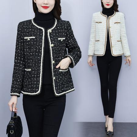 FA45731# 小香风毛呢外套女秋冬新款粗花呢子短款圆领显瘦百搭上衣 服裝批發女裝批發服飾貨源