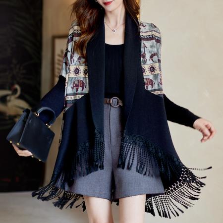 中长款流苏印花拼接外套秋季气质设计感宽松大码女装 服裝批發女裝批發服飾貨源
