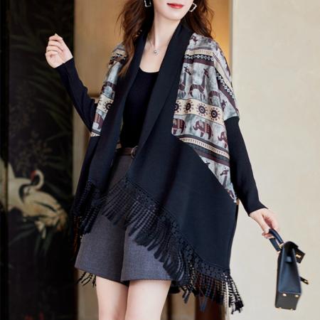 中长款流苏印花拼接外套秋季气质设计感宽松大码女装 服裝批發女裝批發服飾貨源