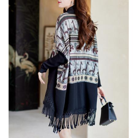 中长款流苏印花拼接外套秋季气质设计感宽松大码女装 服裝批發女裝批發服飾貨源