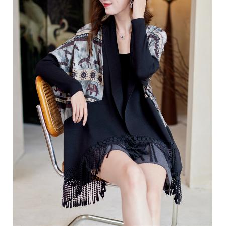 中长款流苏印花拼接外套秋季气质设计感宽松大码女装 服裝批發女裝批發服飾貨源