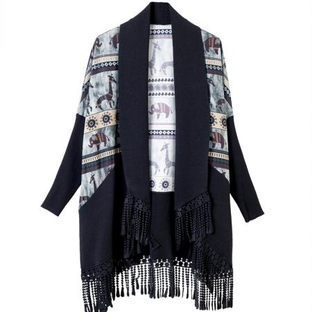 中长款流苏印花拼接外套秋季气质设计感宽松大码女装 服裝批發女裝批發服飾貨源