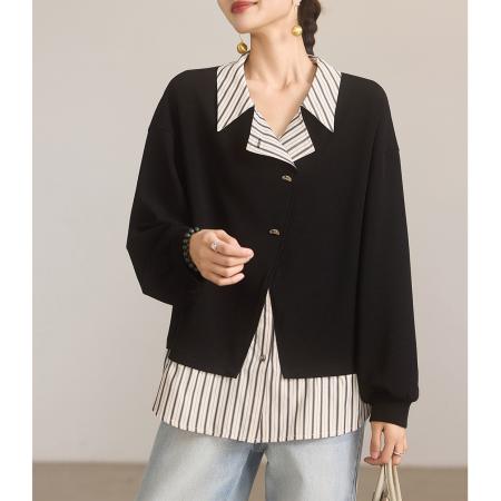 休闲翻领假两件卫衣女秋季新款宽松上衣欧洲站大码女装 服裝批發女裝批發服飾貨源