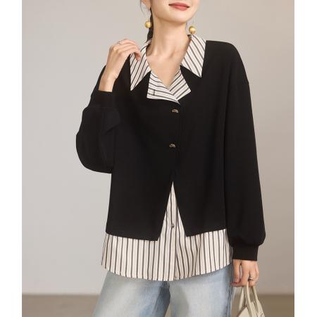 休闲翻领假两件卫衣女秋季新款宽松上衣欧洲站大码女装 服裝批發女裝批發服飾貨源