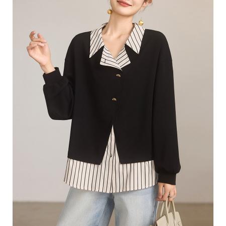 休闲翻领假两件卫衣女秋季新款宽松上衣欧洲站大码女装 服裝批發女裝批發服飾貨源