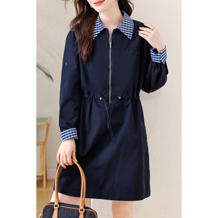 大码连衣裙秋款胖mm拼接腰节抽绳设计宽松显瘦长袖裙子 服裝批發女裝批發服飾貨源