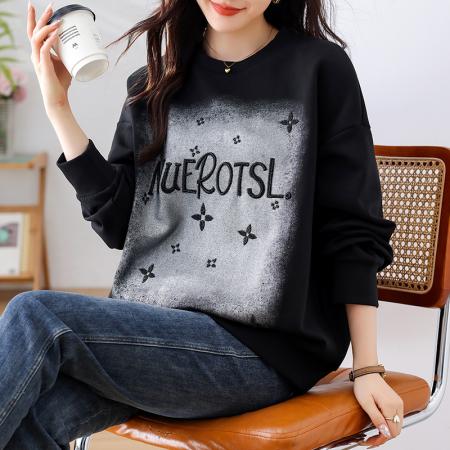 圆领字母钉珠长袖大码黑色卫衣秋季韩系宽松慵懒棉质上衣 服裝批發女裝批發服飾貨源