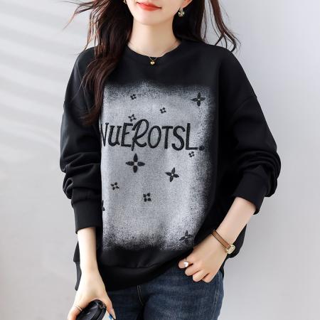 圆领字母钉珠长袖大码黑色卫衣秋季韩系宽松慵懒棉质上衣 服裝批發女裝批發服飾貨源
