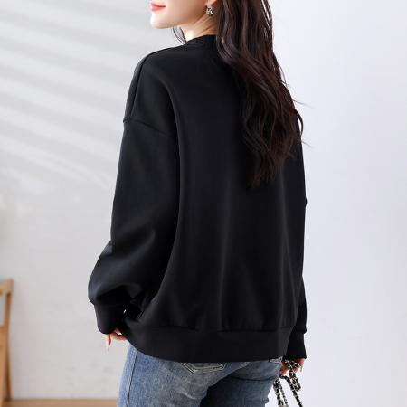 圆领字母钉珠长袖大码黑色卫衣秋季韩系宽松慵懒棉质上衣 服裝批發女裝批發服飾貨源