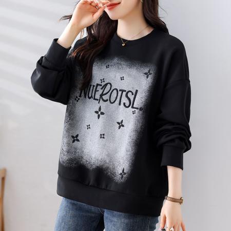 圆领字母钉珠长袖大码黑色卫衣秋季韩系宽松慵懒棉质上衣 服裝批發女裝批發服飾貨源