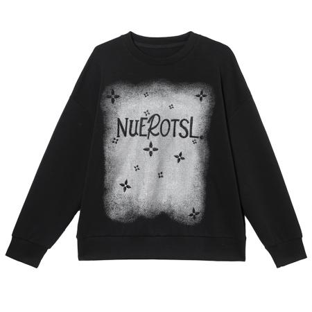 圆领字母钉珠长袖大码黑色卫衣秋季韩系宽松慵懒棉质上衣 服裝批發女裝批發服飾貨源