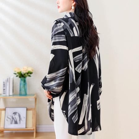 秋季新款宽松长袖时尚遮肉百搭衬衫印花中长款衬衣女士 服裝批發女裝批發服飾貨源