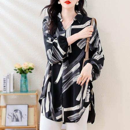 秋季新款宽松长袖时尚遮肉百搭衬衫印花中长款衬衣女士 服裝批發女裝批發服飾貨源