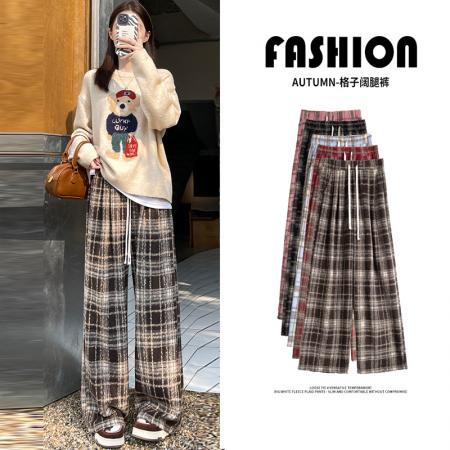 秋季大码女装宽松慵懒风高腰垂感毛呢格子百搭休闲直筒阔腿裤 服裝批發女裝批發服飾貨源