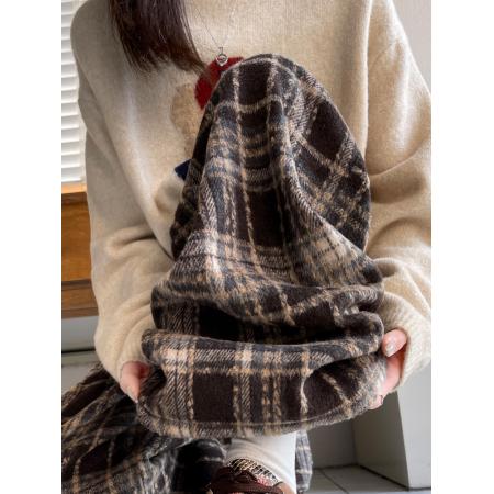 秋季大码女装宽松慵懒风高腰垂感毛呢格子百搭休闲直筒阔腿裤 服裝批發女裝批發服飾貨源