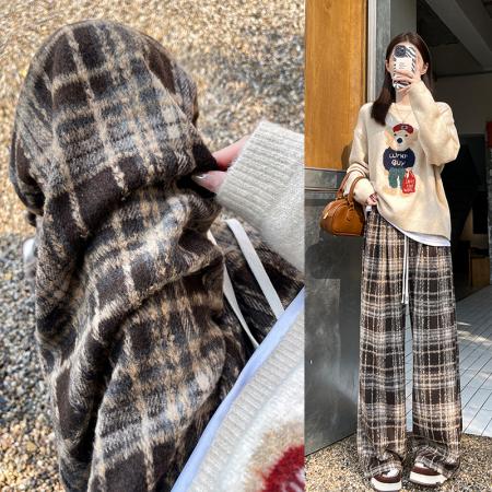 秋季大码女装宽松慵懒风高腰垂感毛呢格子百搭休闲直筒阔腿裤 服裝批發女裝批發服飾貨源