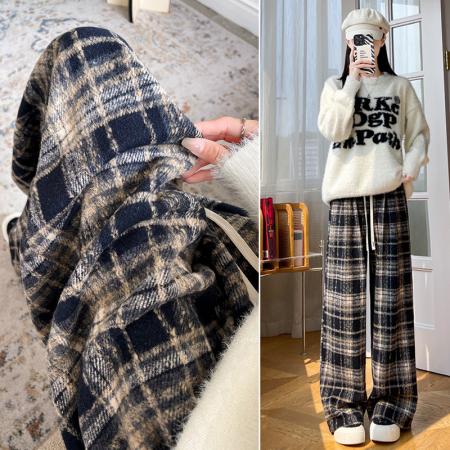 秋季大码女装宽松慵懒风高腰垂感毛呢格子百搭休闲直筒阔腿裤 服裝批發女裝批發服飾貨源